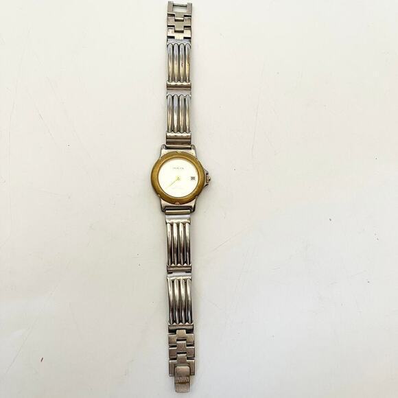 Skagen Watch Women‎ Silver Tone White Dial Gold Bezel Ribbed Band Needs Battery - Picture 2 of 6